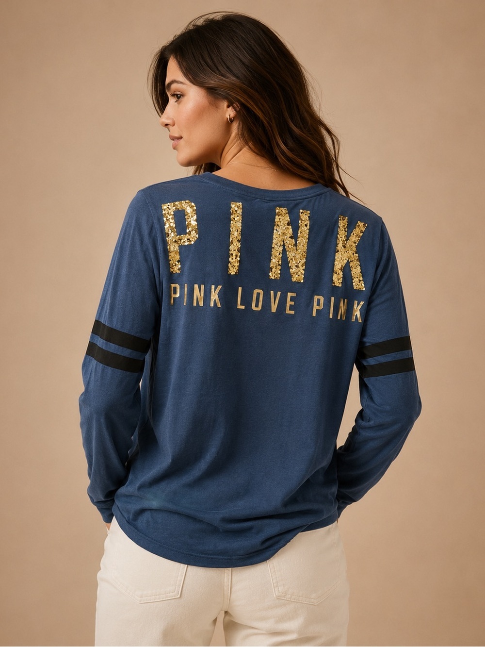 PINK Victoria's Secret Blue Long Sleeve Campus Tee Large